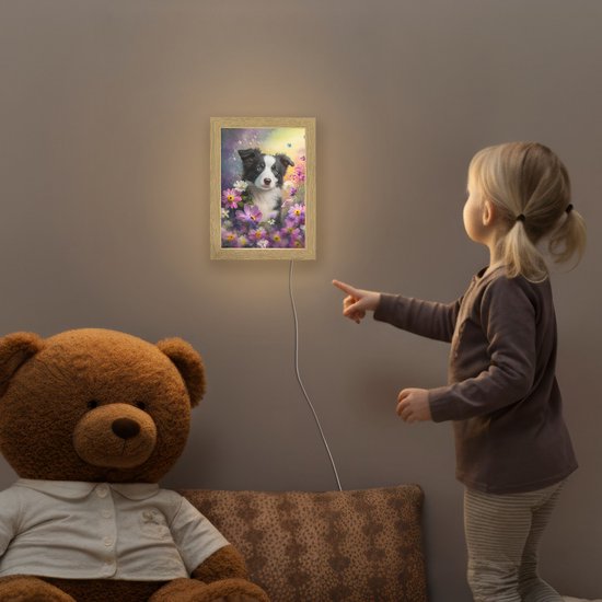 Nachtlampje 15x20 cm - Kinder lampje - Hond - Bloemen - Natuur - Puppy - Bordercollie - Tafellamp kinderkamer - Slaapkamer lamp - Bedlamp kinderen - Kinderlampje stopcontact - Wandlamp babykamer - Nachtlampjes van OnlyWow — afbeelding 5