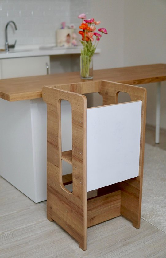 De Ultieme Leertoren: 3-in-1 Keuken Helper Toren, Bureau, Glijbaan En Opstapje Krukje Voor Kinderen Kleur Grijs Blanke Lak