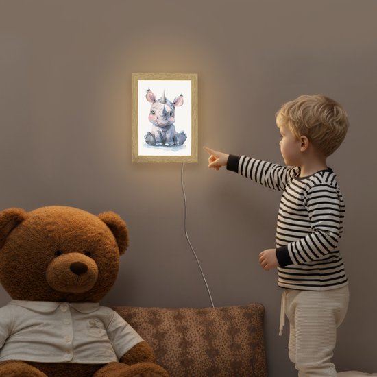 Nachtlampje 15x20 cm - Kinder lamp - Neushoorn - Baby dier - Dieren - Tafellamp kinderkamer - Slaapkamer lamp - Bedlamp kinderen - Kinderlampje stopcontact - Wandlamp babykamer - Nachtlampjes van Merkloos — afbeelding 5