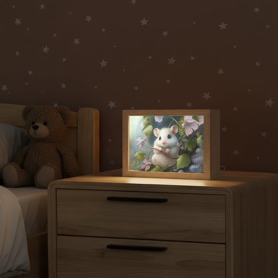 Nachtlampje 20x15 cm - Kinder lamp - Muis - Bos - Bloemen - Illustratie - Bosdieren - Tafellamp kinderkamer - Slaapkamer lamp - Bedlamp kinderen - Kinderlampje stopcontact - Wandlamp babykamer - Nachtlampjes van Joyura — afbeelding 2