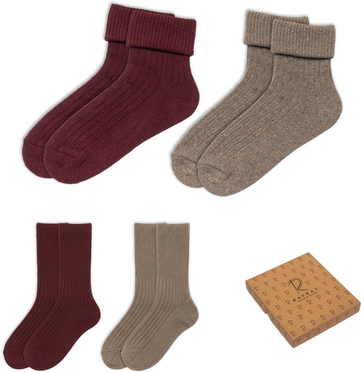 RAFRAY Warme Wintersokken voor Dames – 2 Paar Zachte Sokken zonder Elastiek – Oprolbaar of Omvouwbaar – Premium Katoen – Cadeaudoos – Maat 36-40