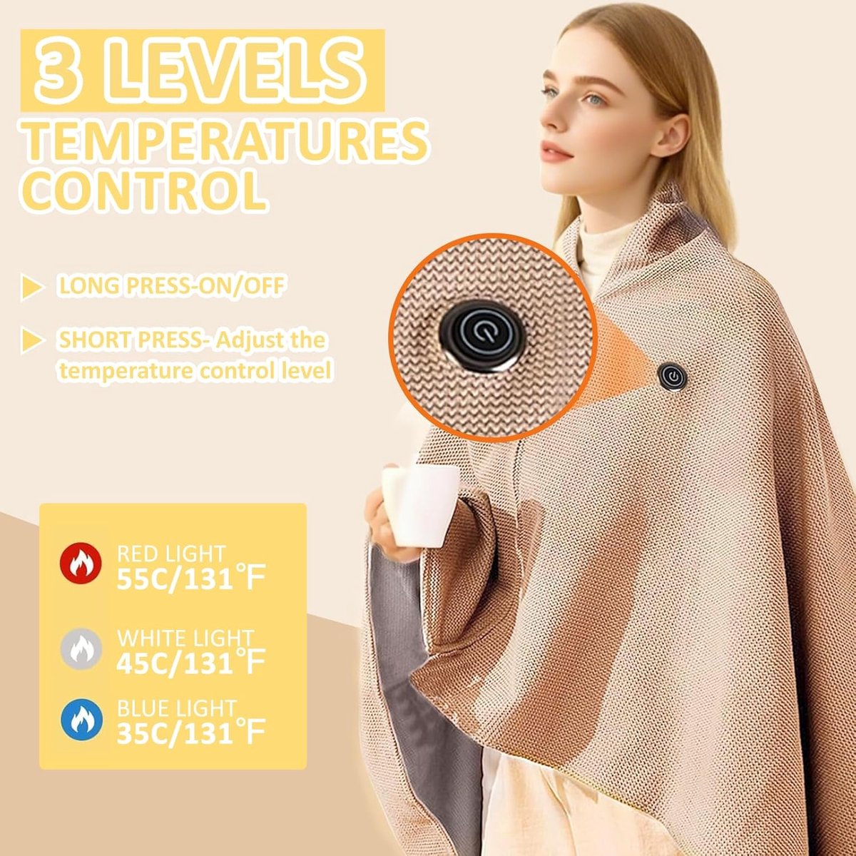 Elektrische deken - Oplaadbare elektrische deken - Verwarmde deken - USB-aangedreven winterdeken - Zachte verwarmde deken met snoer - Geschikt voor kantoorgebruik - Beige 150x80cm – foto 5