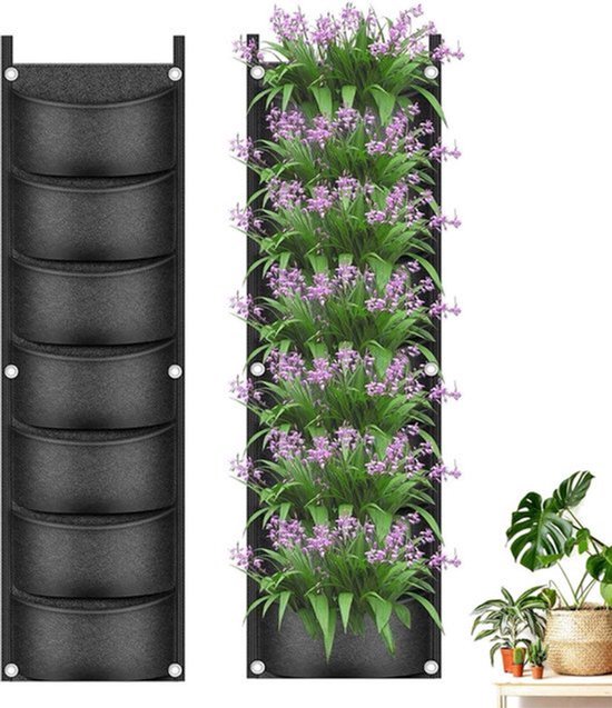 Jardin Vertical - 1 Pièce - 7 Compartiments Spacieux - 100 x 30 Cm - Sac de Culture - Bac de Culture en Feutre - Respirant - Monté au Mur - Sac de Plantes Suspendu - Sacs de Culture - Sacs de Plantes - Potager - Bac à Plantes
