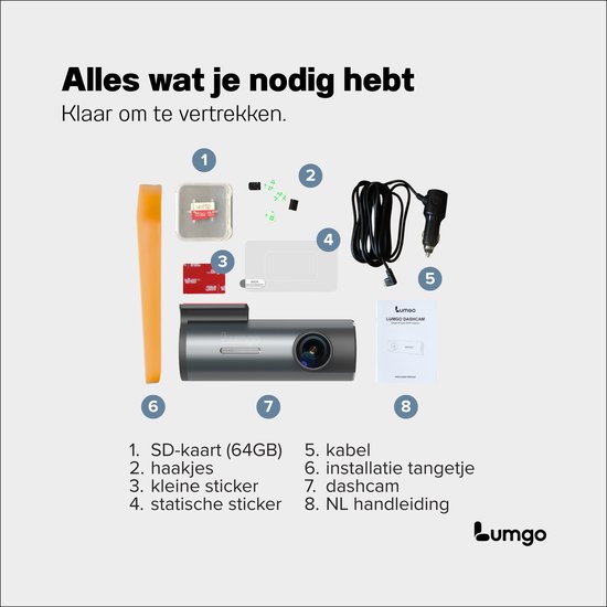 Inhoud van Lumgo dashcam pakket: SD-kaart, haakjes, stickers, kabel, installatie tangetje, dashcam en handleiding.