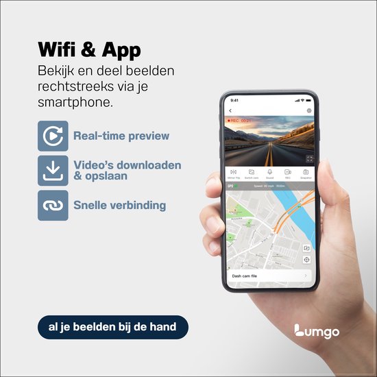 Hand houdt smartphone met app "Lumgo Dashcam" en laat real-time preview, downloaden video's, snelle verbinding zien.