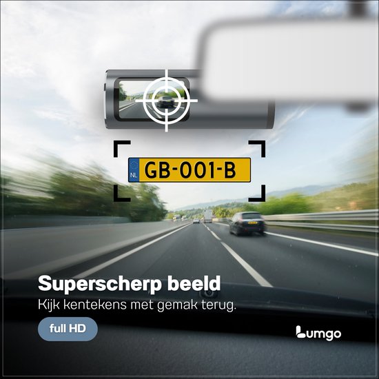 Dashcam legt kenteken GB-001-B scherp vast op de snelweg met "Superscherp beeld" tekst.