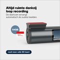 Grijze dashcam met 64GB SD-kaart en tekst "Altijd ruimte dankzij loop recording".