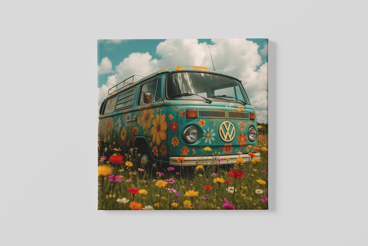 Trendex Global Vierkant Canvas Schilderij - Hippie Bus - Bloemenveld - 100x100 cm Kleurrijk