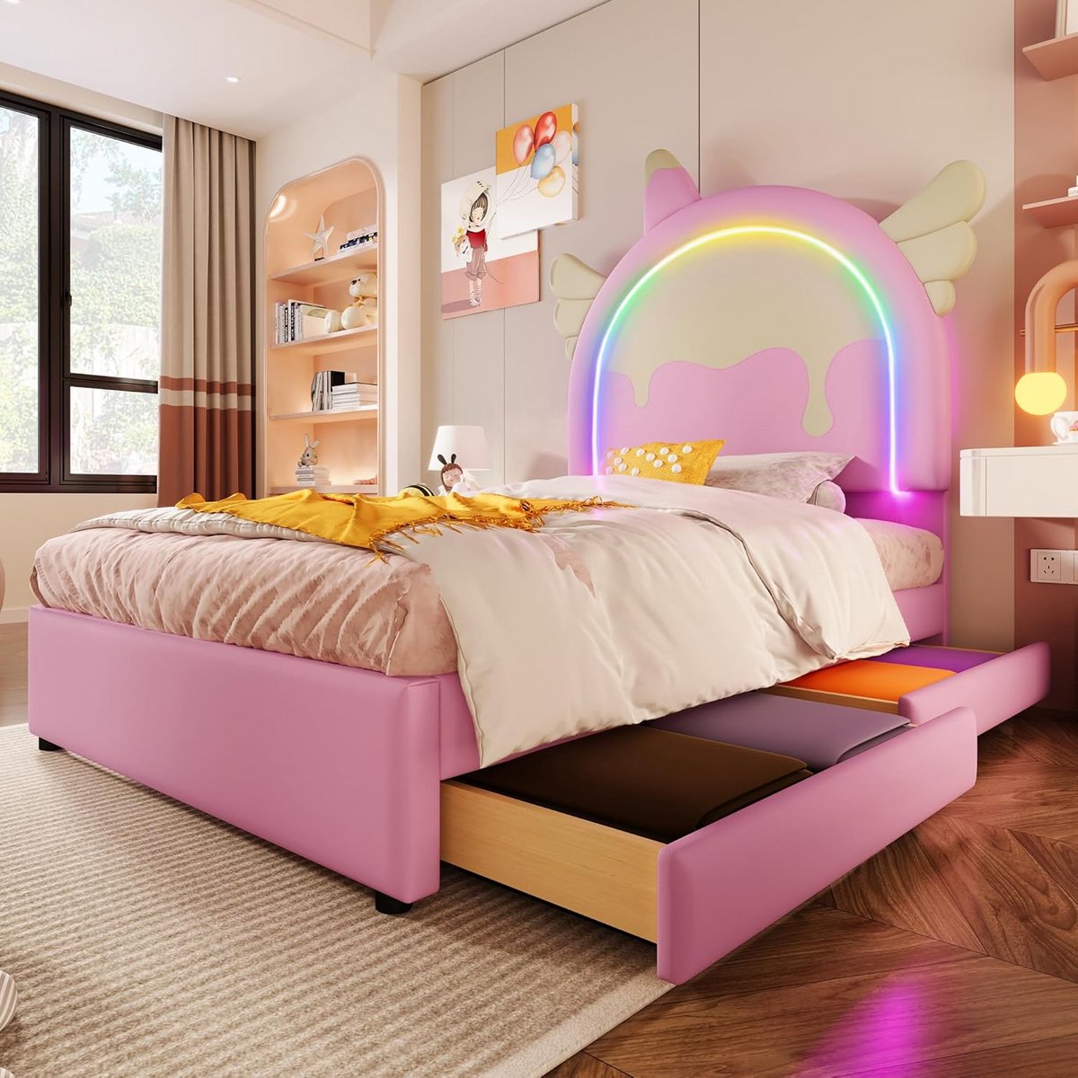 Gestoffeerd Eenpersoonsbed met Lade Uitschuifbed 90x200 Roze Kinderthema