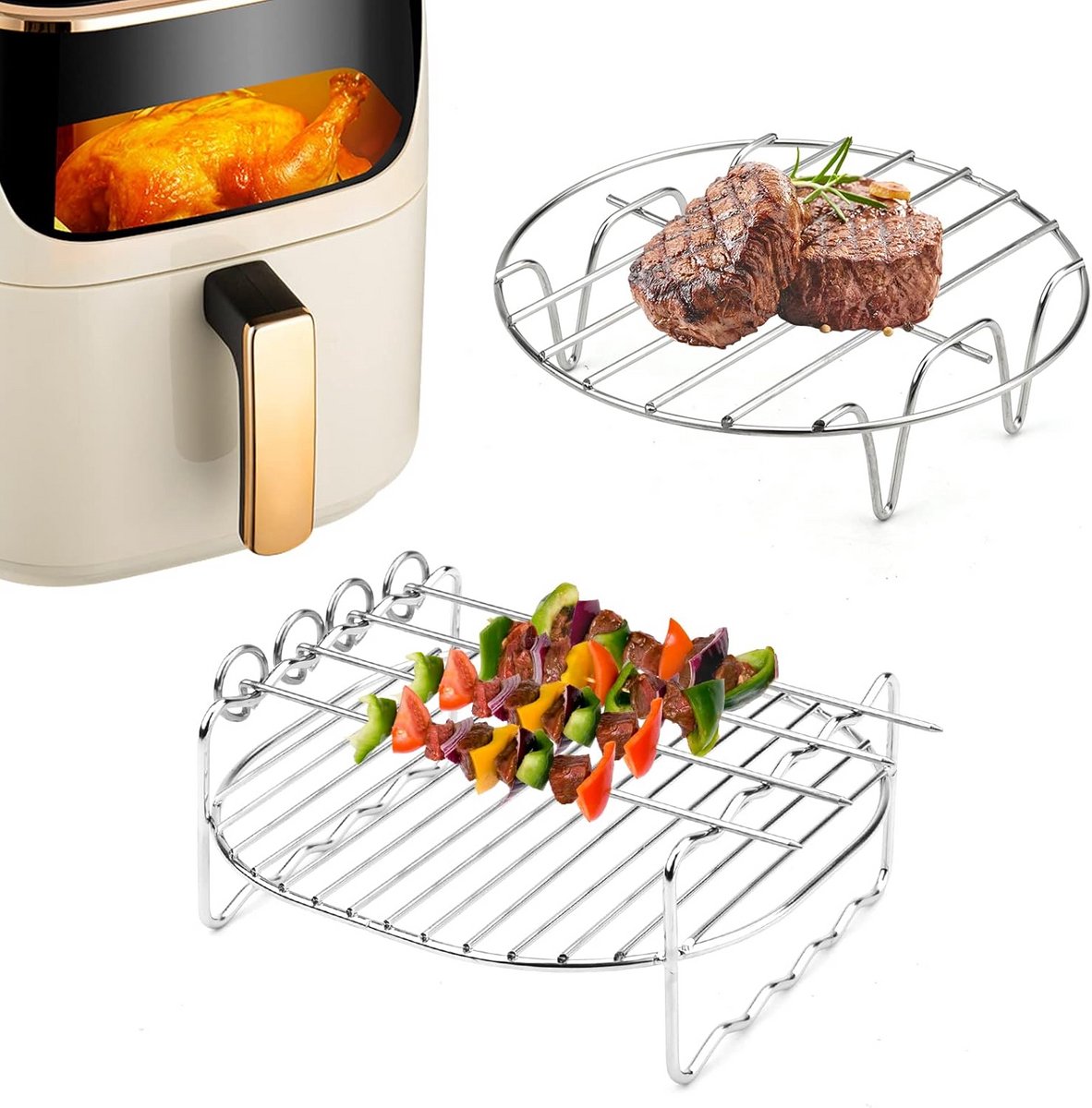 Dubbellaags RVS Airfryer Accessoireset met Grillstokjes