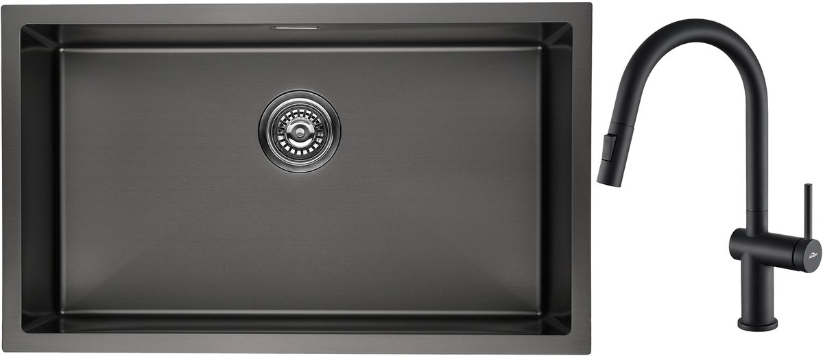 Lonheo max Spoelbak Antraciet 74x44cm - Met keukenkraan met uittrekbare uitloop - Spoelbak Keuken RVS - Geborstel Keuke n Spoelbak met Afvoersysteem