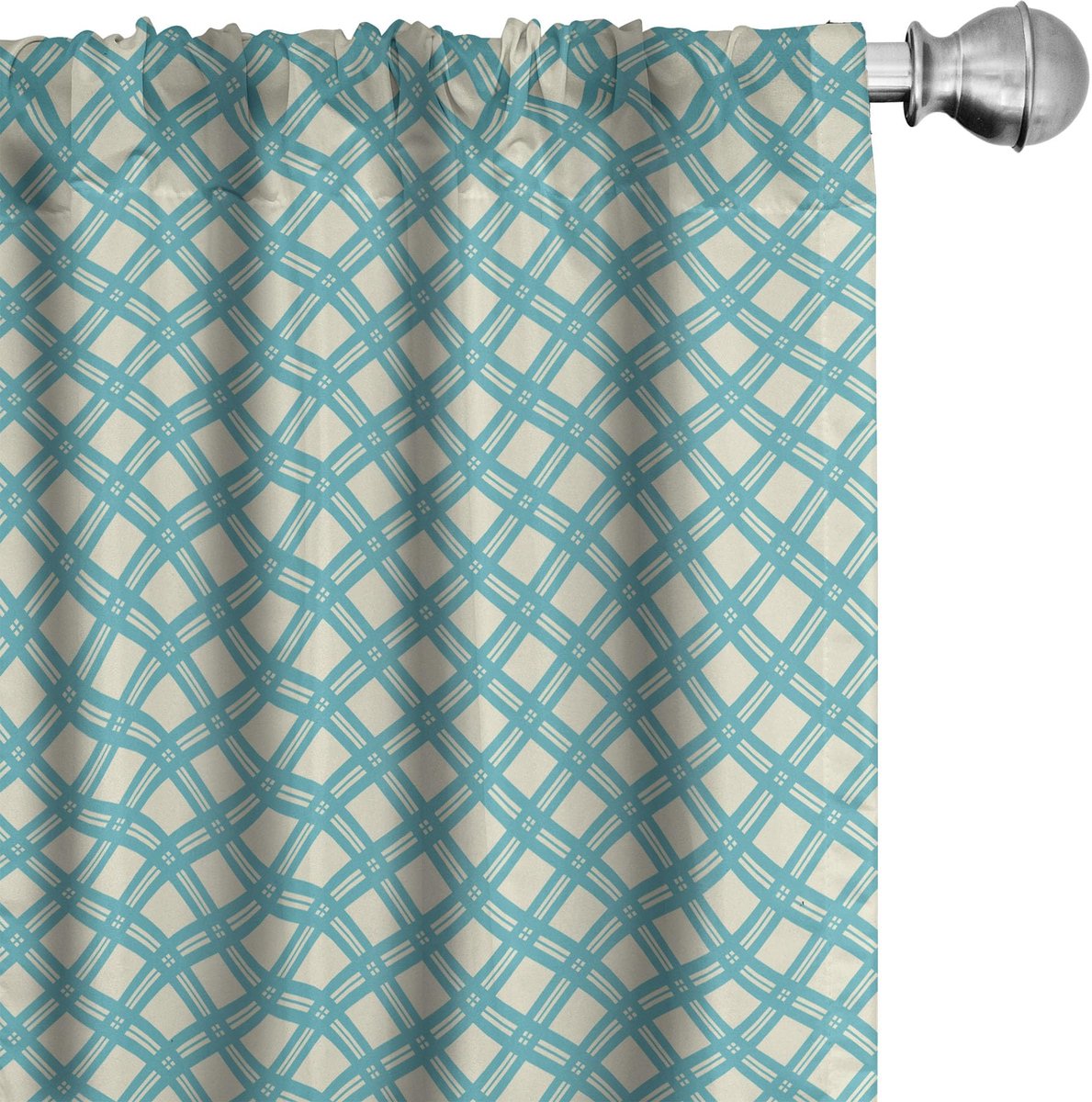 ABAKUHAUS Retro Gordijnen – 2x75x245 cm – Aqua Karo-tegel Turkoois/Ivoor Turquoise