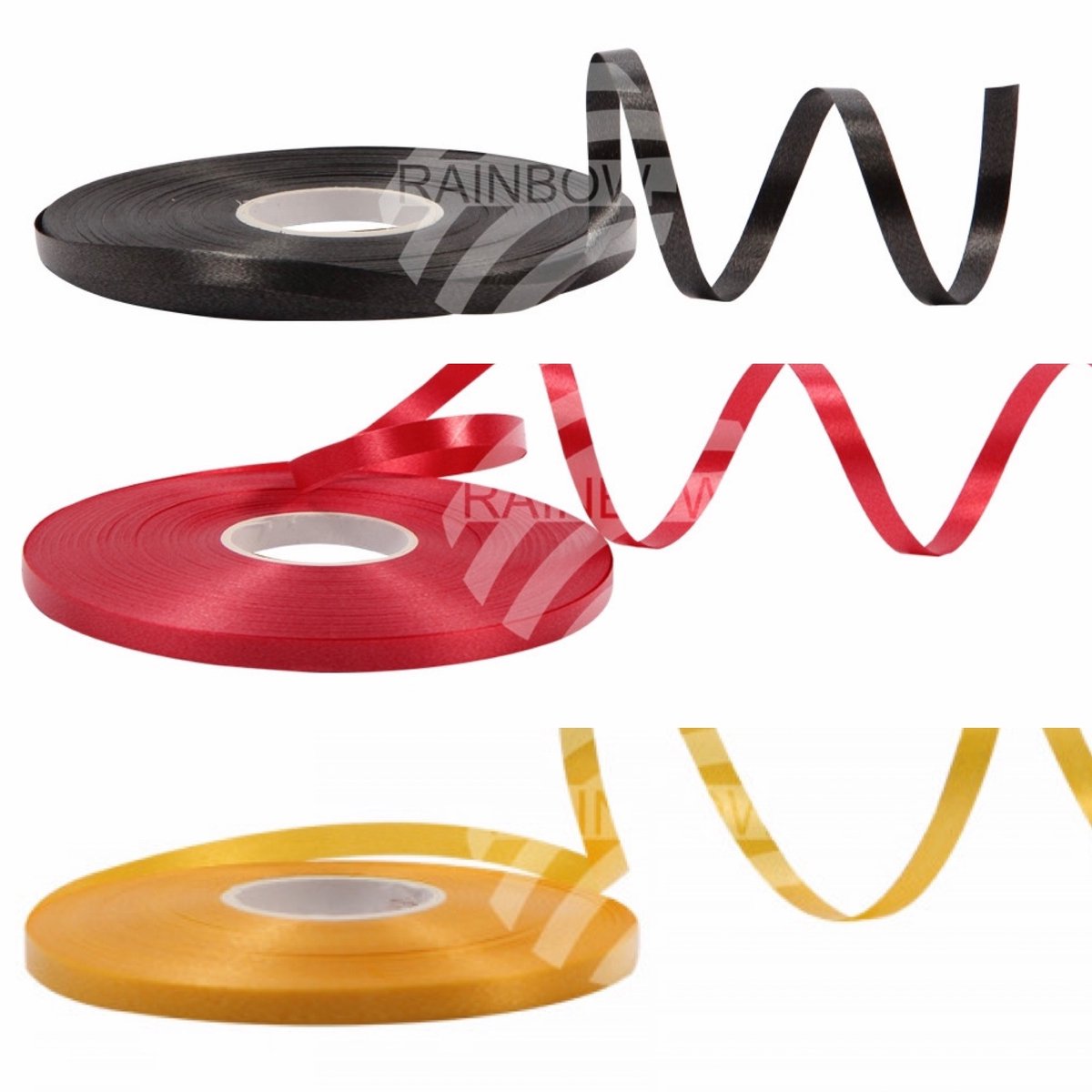 3 Platte rollen cadeaulint/krullint/ballonlint - 5 mm. - 50 meter - Zwart/Rood/Goudgeel - Kleuren vlag Duitsland - In blisterverpakking