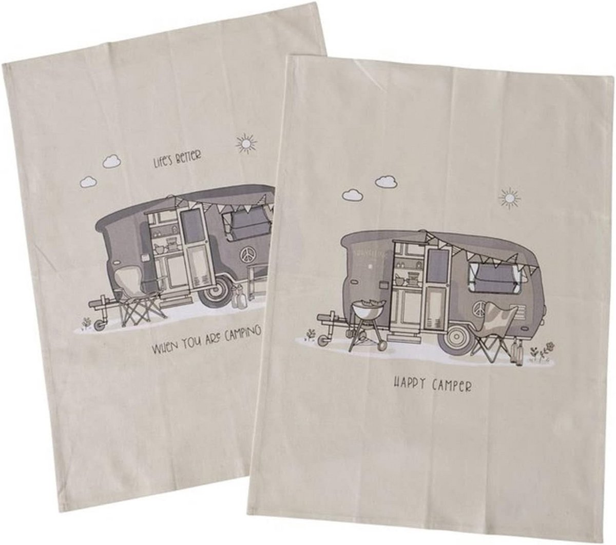 Set van 2 Keukendoeken Beige met Caravan Thema en Tekst