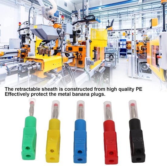 10 stuks intrekbare bananenstekkers met omhulsel - Stapelbaar, eenvoudig te solderen - Elektrische testconnectoren - DIY-circuitadapters - 15,8 * 10,2 * 54,1 cm - Voor DIY-elektrische testcircuits - Geel, Rood, Blauw, Groen, Zwart van Merkloos — afbeelding 3
