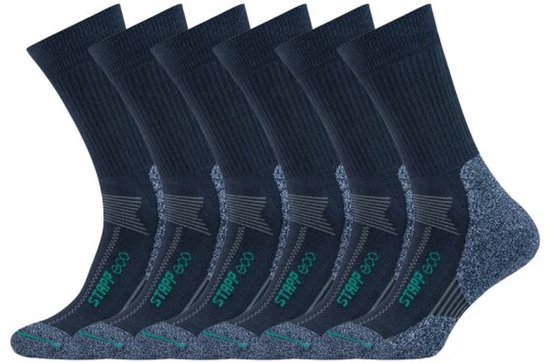 Zes donkerblauwe Stapp Eco werksokken met groen logo en grijze accenten.