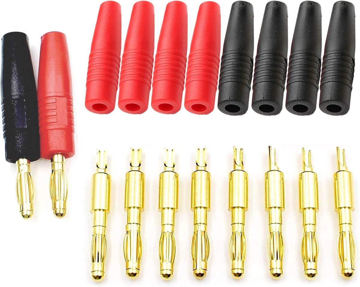 10x 4mm Soldeer Banaanstekkers Goud Verguld - 32A Audio & Test Kabels - Rood Zwart