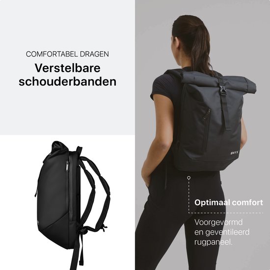 ONYX Sac à Dos Rolltop 25 à 40 L - Avec Compartiment pour Ordinateur Portable - Sac à Dos Réglable - Sac de Voyage - Résistant à l'Eau et Durable - Noir