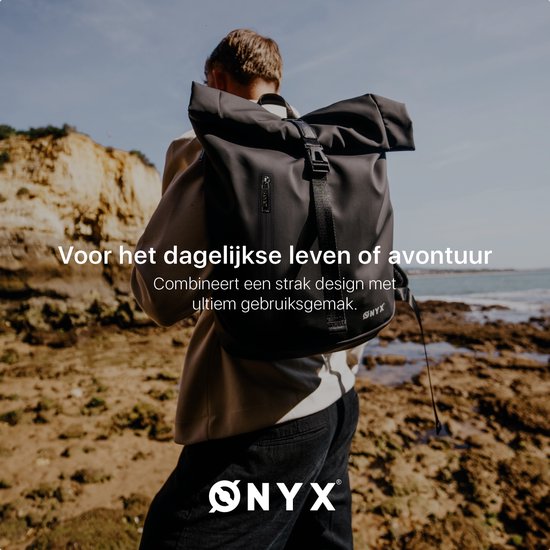 ONYX Sac à Dos Rolltop 25 à 40 L - Avec Compartiment pour Ordinateur Portable - Sac à Dos Réglable - Sac de Voyage - Résistant à l'Eau et Durable - Noir