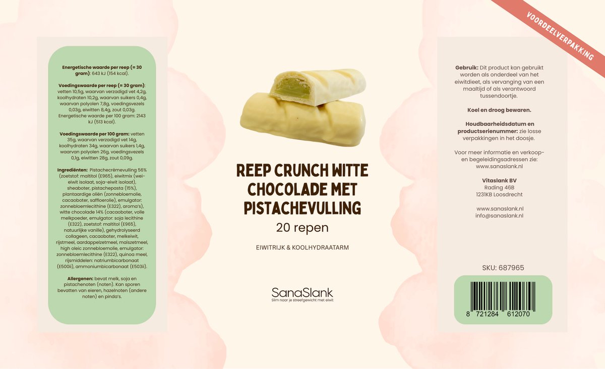 Sanaslank Dieetrepen – Witte Chocolade Pistache Crunch – Proteïne – XXL voordeel - 20 Stuks