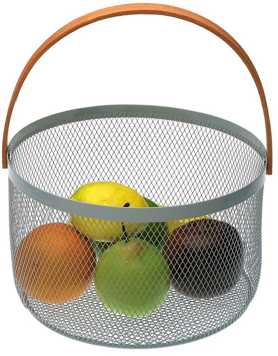 Doodadeals® Fruitschaal – Moderne Fruitmand van Metaal – Wit – Ø 25 cm – Houten Rand en Draaghengsel