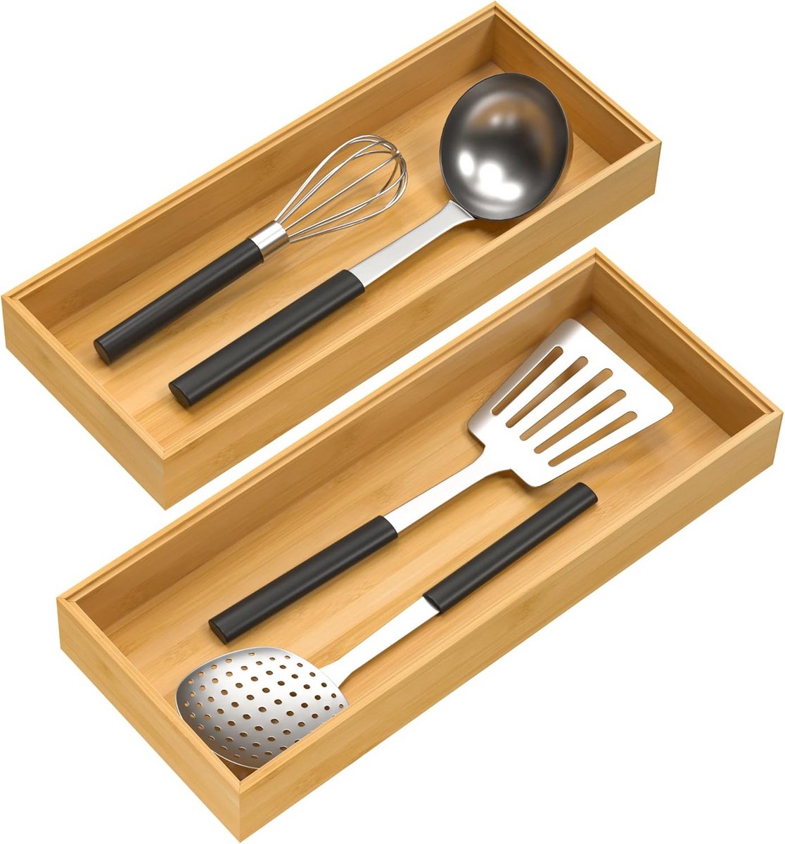 Set van 2 Stapelbare Bestekbak Organizer van Bamboe voor Keukenlade