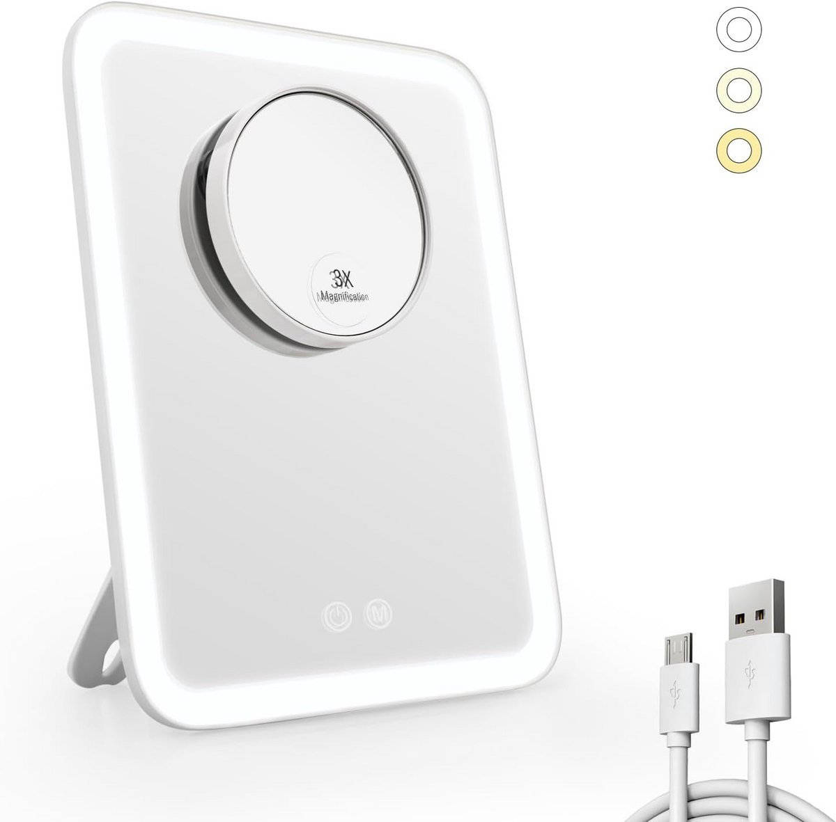 Vergrote Make-up Spiegel met Verlichting en 3 Lichtkleuren, USB Oplaadbaar