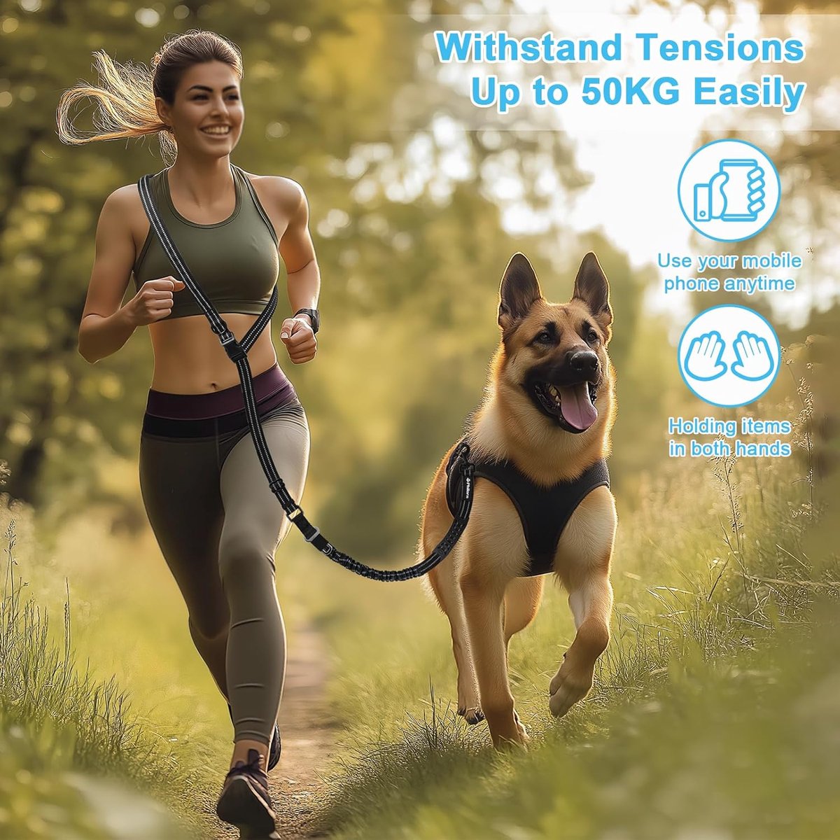 Candala Hondenriem voor grote honden, multifunctionele handsfree jogginglijn, lange looplijn voor joggen, hardlopen, wandelen, met autoveiligheidsgordel, reflecterende naden, zwart