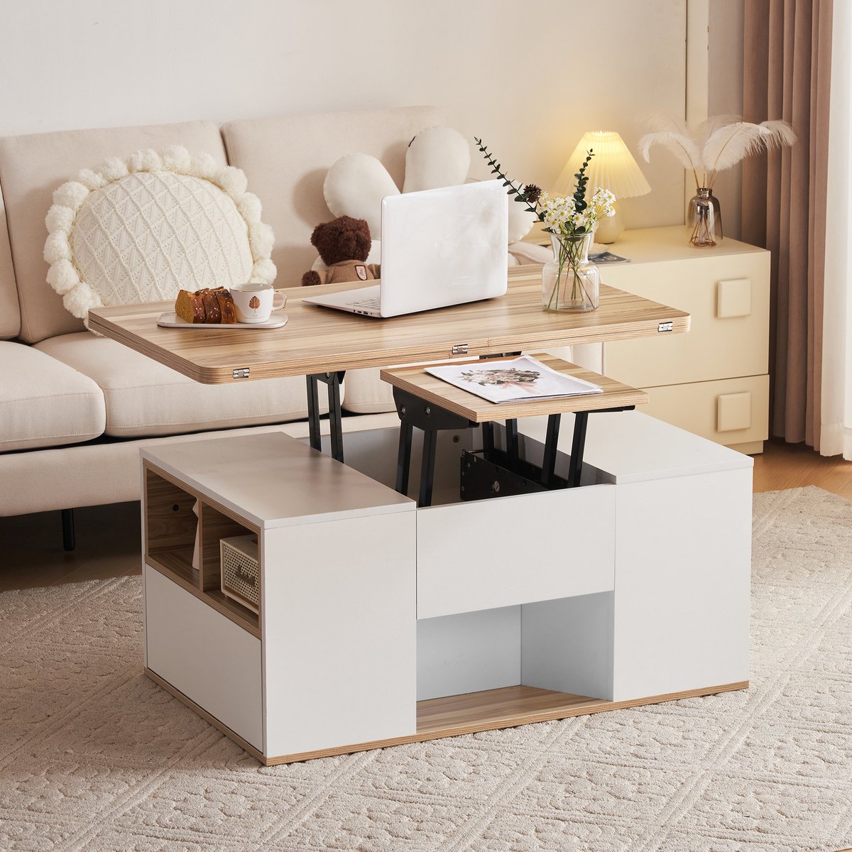OKWISH Salontafel – Verstelbaar Hoogte – Multifunctioneel 2-in-1 Hefbaar Blad – 2 Lades en 1 Deur – Met Open Vakken – Spaanplaat Wit+Lichtbruin – 100×51×47 cm Houtkleur