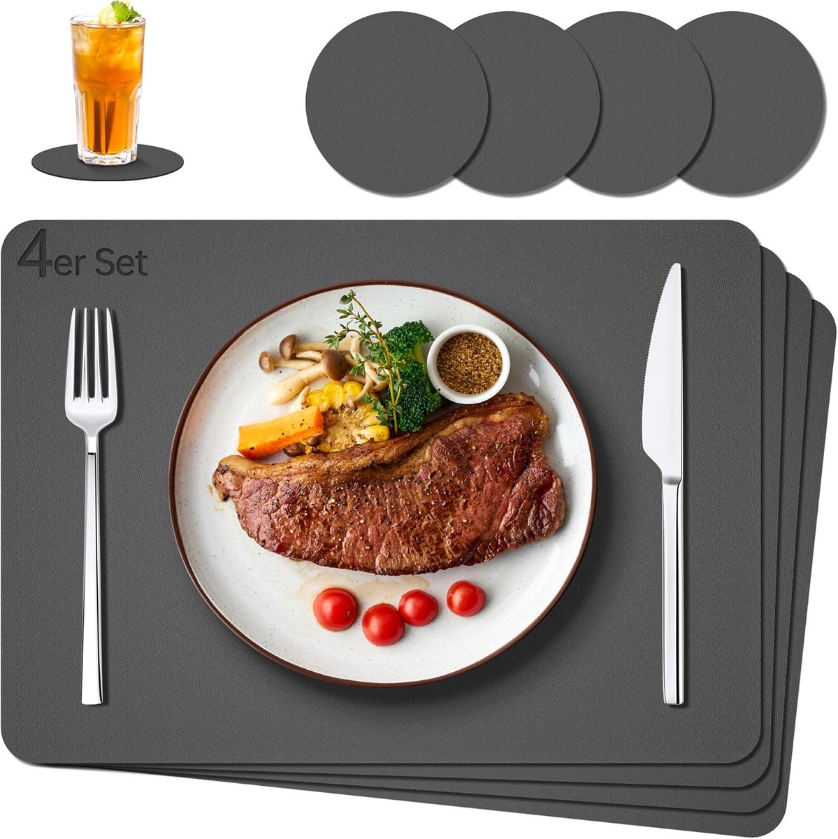 Set van 4 Wasbare en Dubbelzijdige Placemats - Waterdicht Tafelbeschermer Donkergrijs