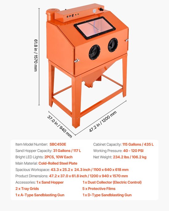 Zandstraalcabine - Zandstraalunit - Capaciteit 435 L - Straalmiddelreservoir 117 L - Twee Straalpistolen - Stofafzuiging 1,6 pk - Voor Grote Onderdelen - Roestverwijdering van Merkloos — afbeelding 4