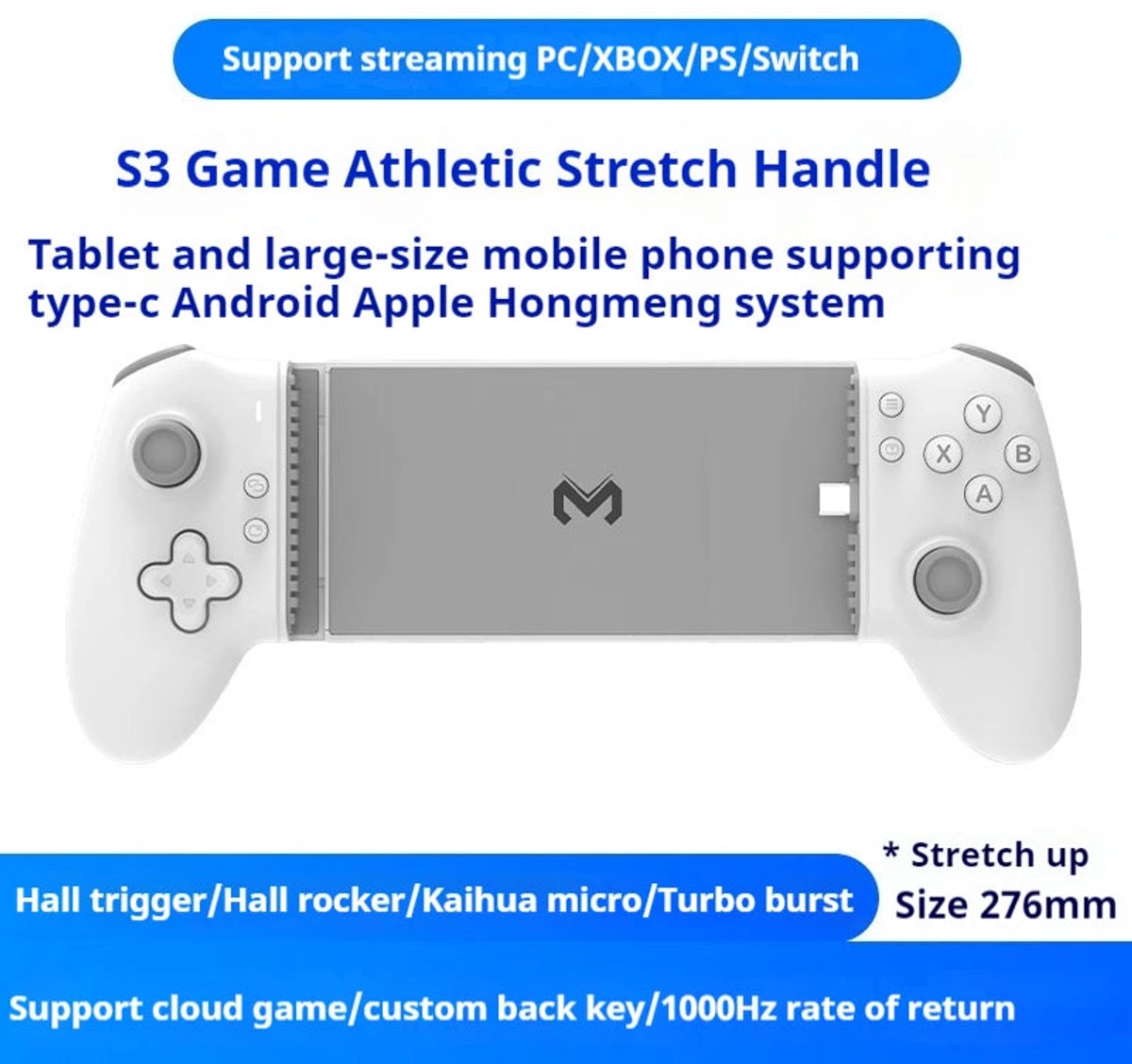 Memo S3 Uitrekbare Gamecontroller Type-C Hall Effect Joystick Voor Android iOS en Tablets Gamers
