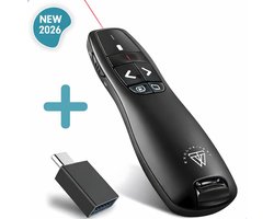 Draadloze Presenter - Presentatie klikker - Wireless Presenter - Powerpoint afstandsbediening - Laser Pointer - Inclusief USB-C Adapter & Opberghoes - Draadloos - USB - Zwart