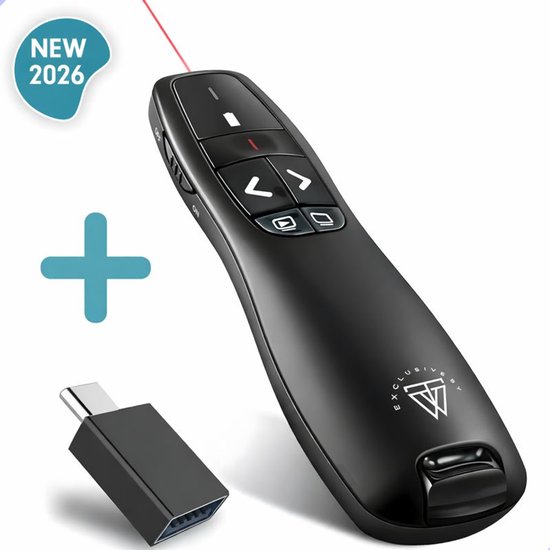 Draadloze Presenter - Presentatie klikker - Wireless Presenter - Powerpoint afstandsbediening - Laser Pointer - Inclusief USB-C Adapter & Opberghoes - Draadloos - USB - Zwart