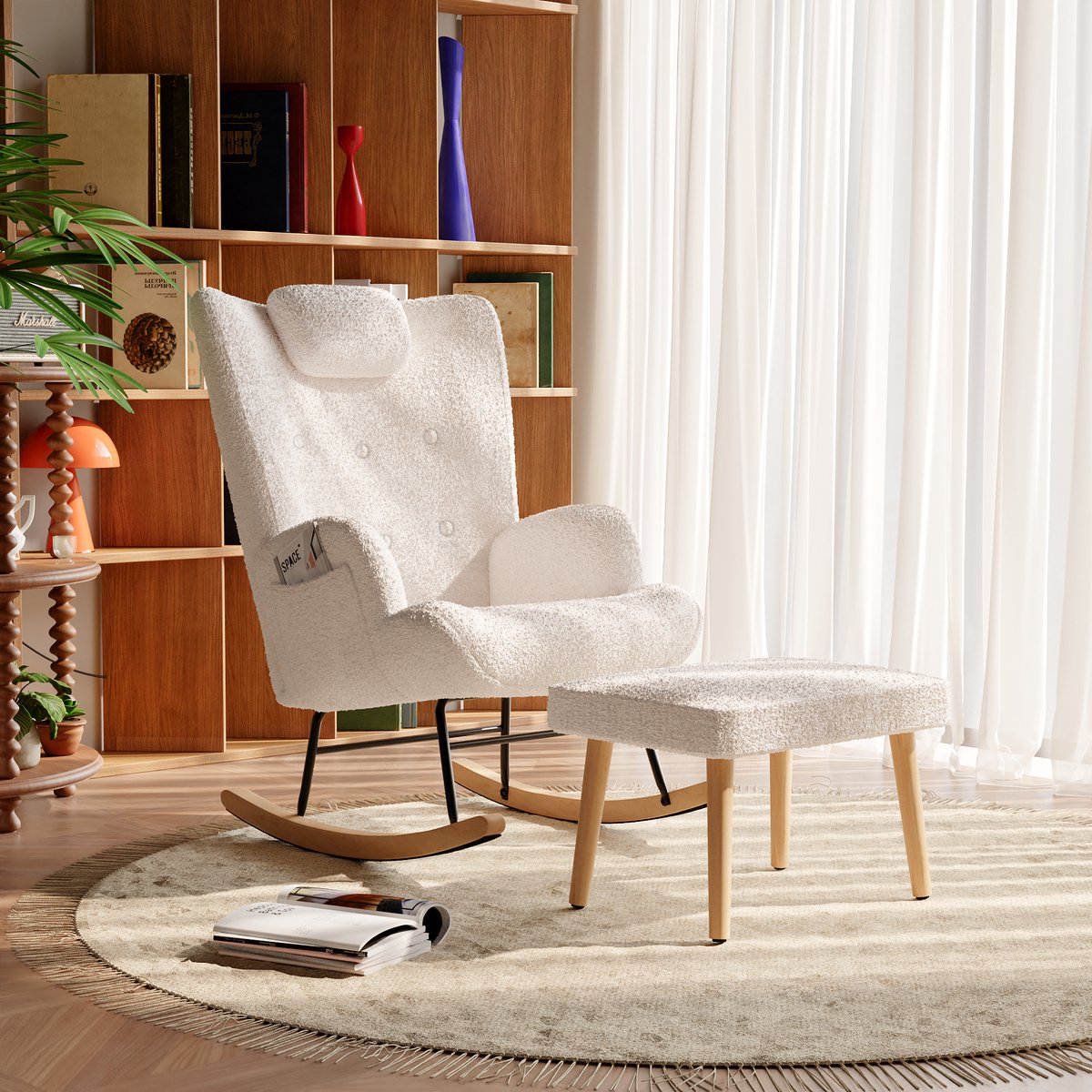Schommelstoel met kruk, Scandinavische schommelstoel, verpleegstoel, Scandinavische fauteuil, vrije tijd en rust, teddystof met houten poten van metaal voor woonkamer, slaapkamer (wit, met rugleuning - poten)