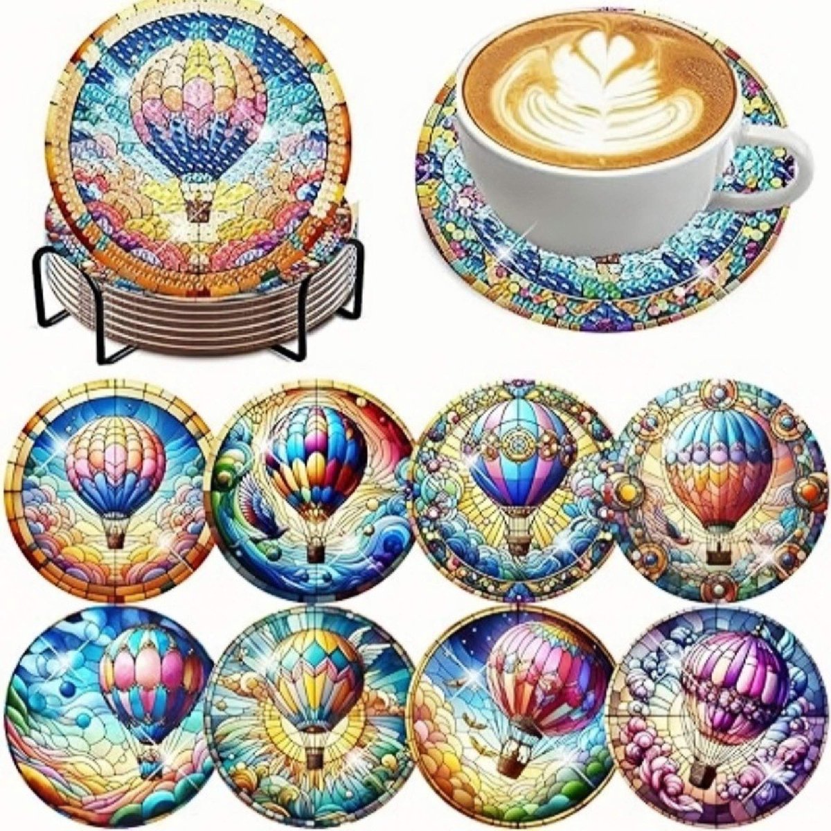 VDTOYS® DIAMOND PAINTING voor volwassenen - ballons - Onderzetters - Coasters - Onderleggers - Ronde steentjes - 8 stuks - Compleet Hobbypakket - set AM 503 LUCHTBALLONS
