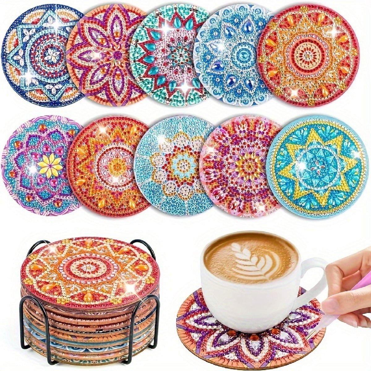 VDTOYS® DIAMOND PAINTING voor volwassenen - mandala - Onderzetters - Coasters - Onderleggers - Ronde steentjes - 10 stuks - Compleet Hobbypakket - set AK 036 MANDALA 5