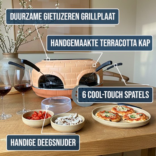 BluMill Mini Pizza Oven met Gourmetstel - Mini Pizza Oven voor 6 Personen - Terracotta Koepel - Incl. Gietijzeren Grillplaat - Incl. 6 RVS Pizzaspatels en Deeguitsteekvorm — afbeelding 4