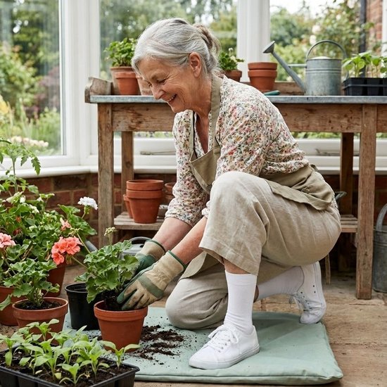 Een oudere vrouw in een tuinbroek en witte sokken knielt om planten te verzorgen in een serre.