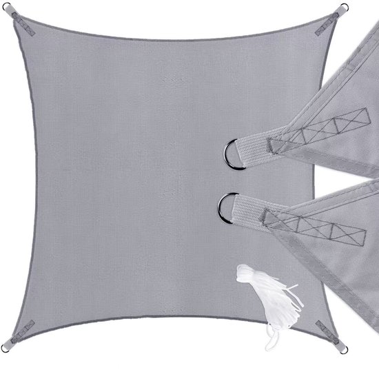 Vierkant grijs schaduwdoek met bevestigingsringen en touw, op witte achtergrond.