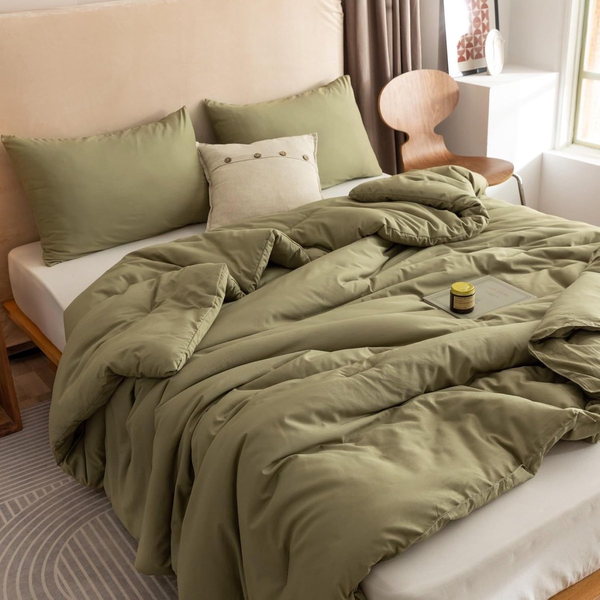 Famanu – Queen dekbedset 3-delig boho stijl olijfgroen lichtgewicht