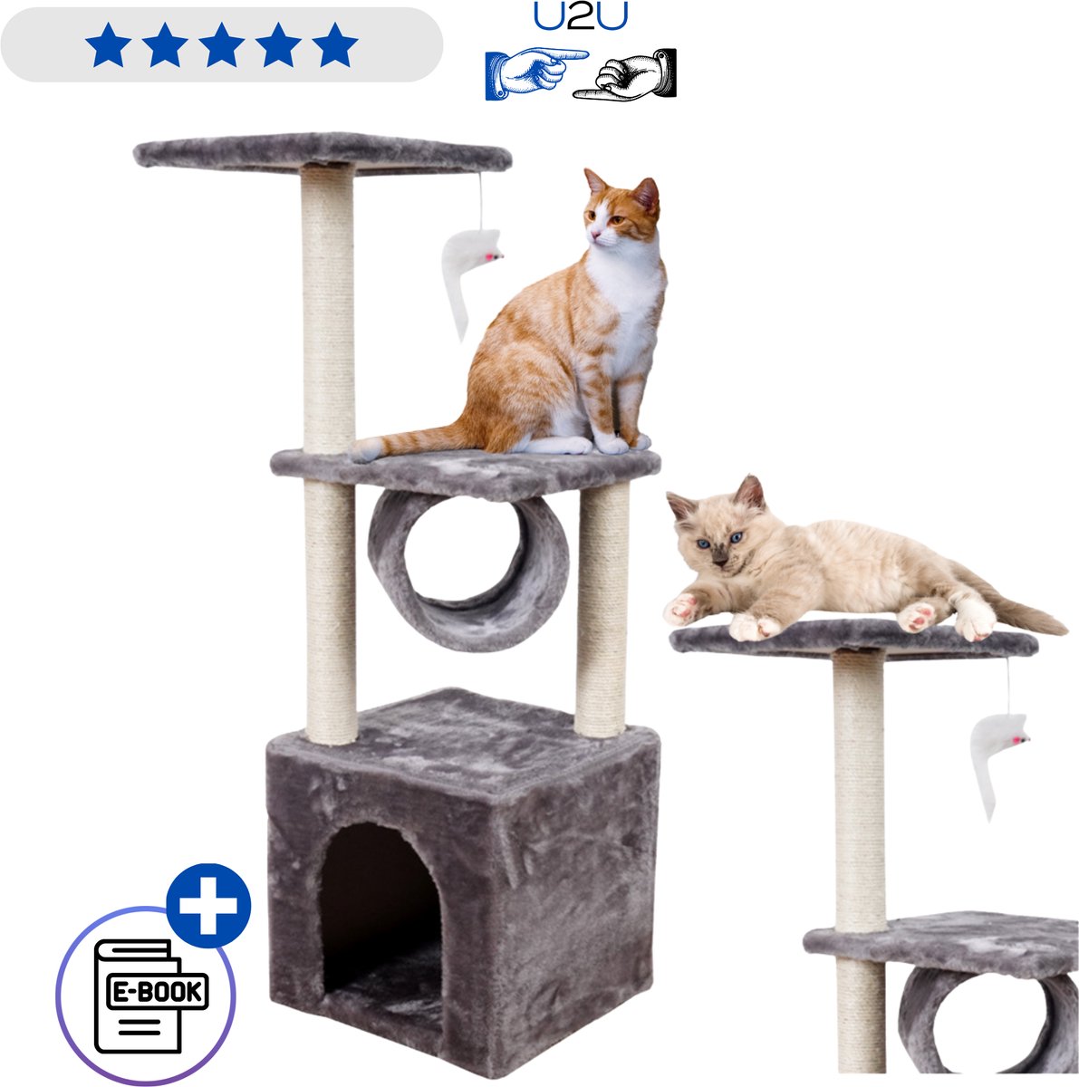 Kattenkrabpaal met huis tunnel en platforms 107 cm hoog, compacte krabtoren voor katten met sisal krabpalen, zachte pluche bekleding, stabiele basis en speelmuisspeeltje, ideaal om krabgedrag te stimuleren en meubels te beschermen Met Ebook