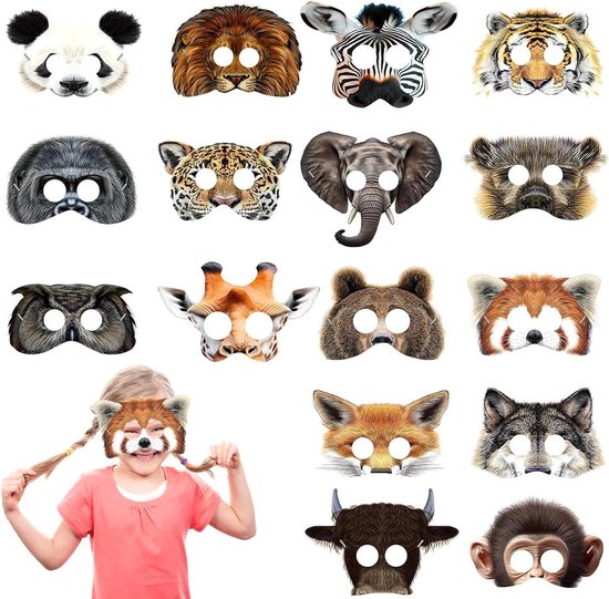 16 Dierenmaskers – Wild Dierenthema – Jungle En Dierentuin – Feestdecoratie Voor Verjaardagen En Schoolfeesten 3 miniatura