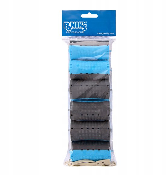 Poniks professionele haarrollers in verpakking, afwisselend blauw en grijs.