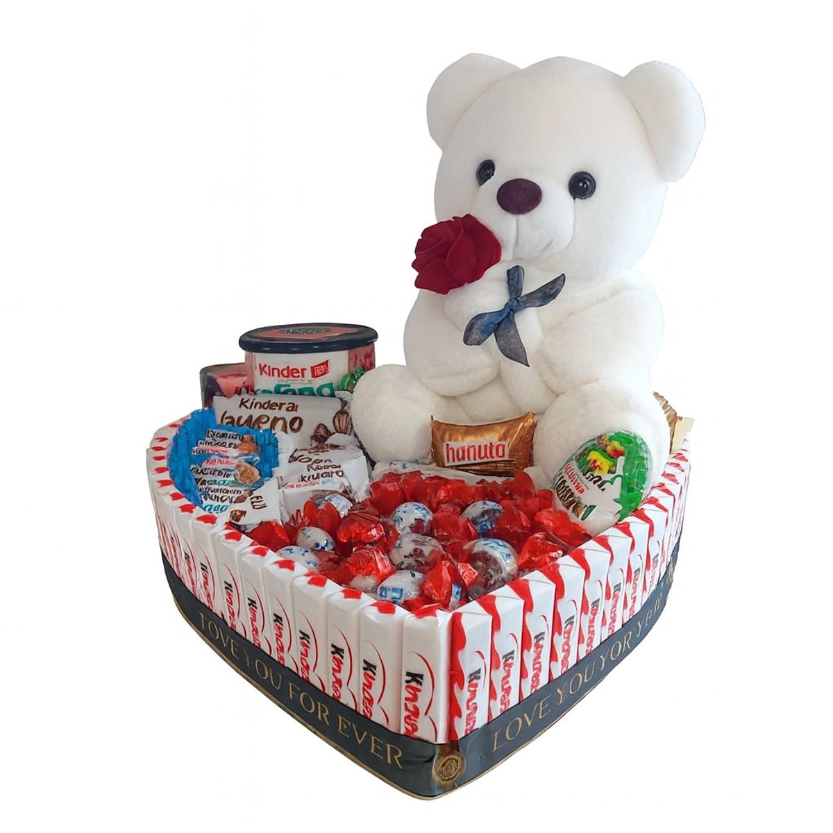Hartvormige Luxe Snoeptaart met Witte Teddybeer & Kinder Chocolade – Valentijn