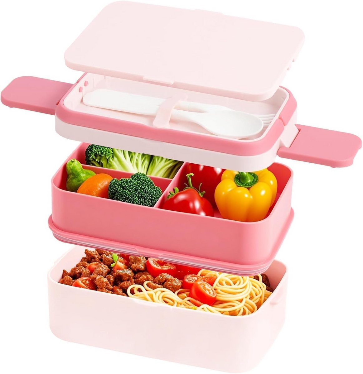 Grote Bento Lunchbox 1990ml met 2 Lagen en 4 Compartimenten, Lekdicht