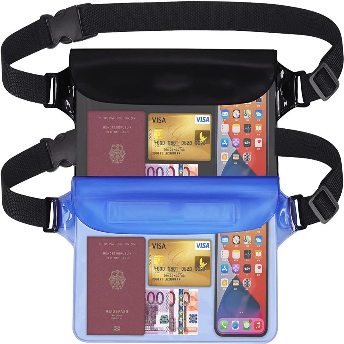 JeiibrZui Heuptas voor buitensporten - Waterdichte dry bag - Opvouwbaar en lichtgewicht, geschikt voor reizen en strandgebruik - 2-delige set - Zwart + Donkerblauw
