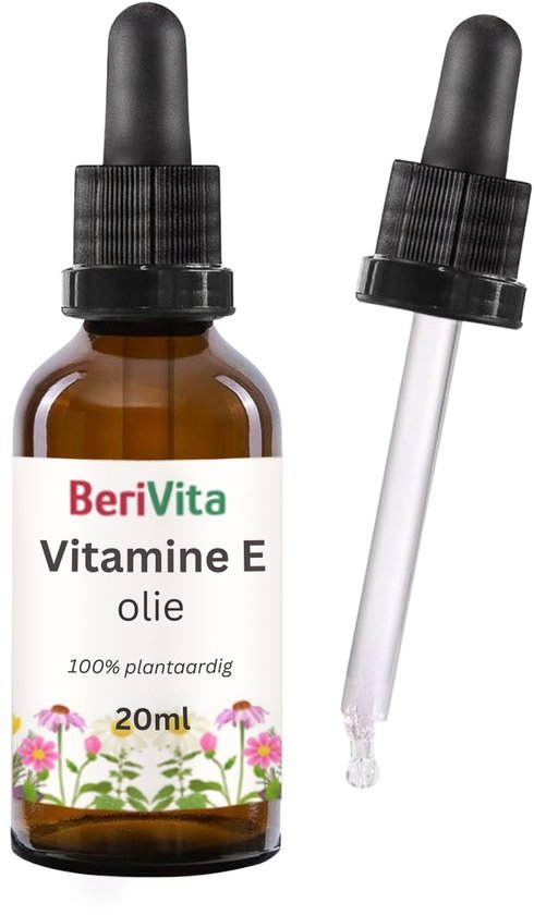 Bruine glazen pipetfles met BeriVita Vitamine E olie label met bloemen en 20ml indicatie. Losse pipet ernaast.