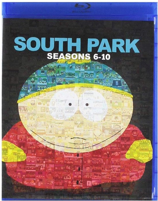 Blu-ray hoes van South Park Seasons 6-10, met Cartman gevormd uit kleine afbeeldingen.