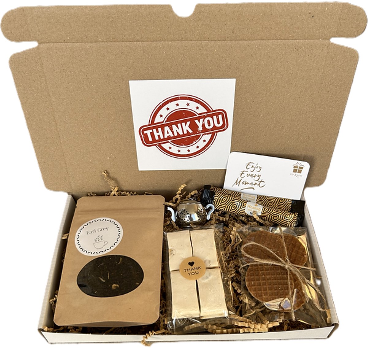 Bedankt thee brievenbus cadeau - theezeefje - nougat - honing - stroopwafels - honing